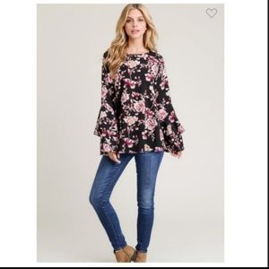 JODIFL Peplum Black Pink Floral Belll Sleeve Blouse NWT